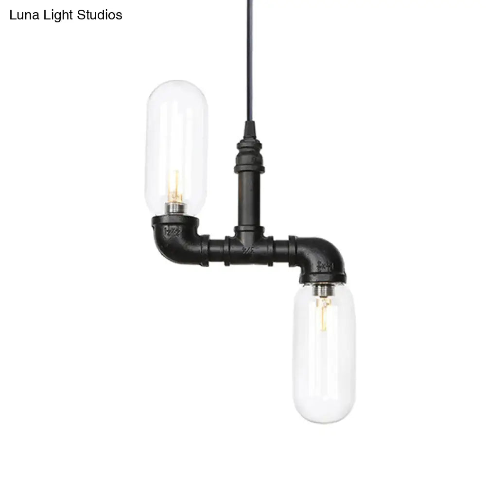 Laura - Black Clear Glass Capsule Shade Pendant Antiqued 2-Head Coffee Shop LED Ceiling Chandelier in Black with Pipe Design