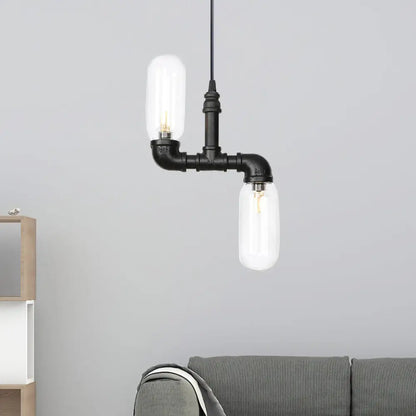 Laura - Black Clear Glass Capsule Shade Pendant Antiqued 2-Head Coffee Shop LED Ceiling Chandelier in Black with Pipe Design