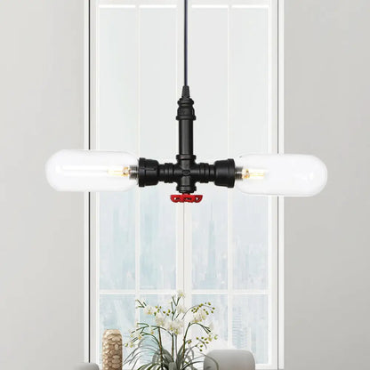 Laura - Black Clear Glass Capsule Shade Pendant Antiqued 2-Head Coffee Shop LED Ceiling Chandelier in Black with Pipe Design