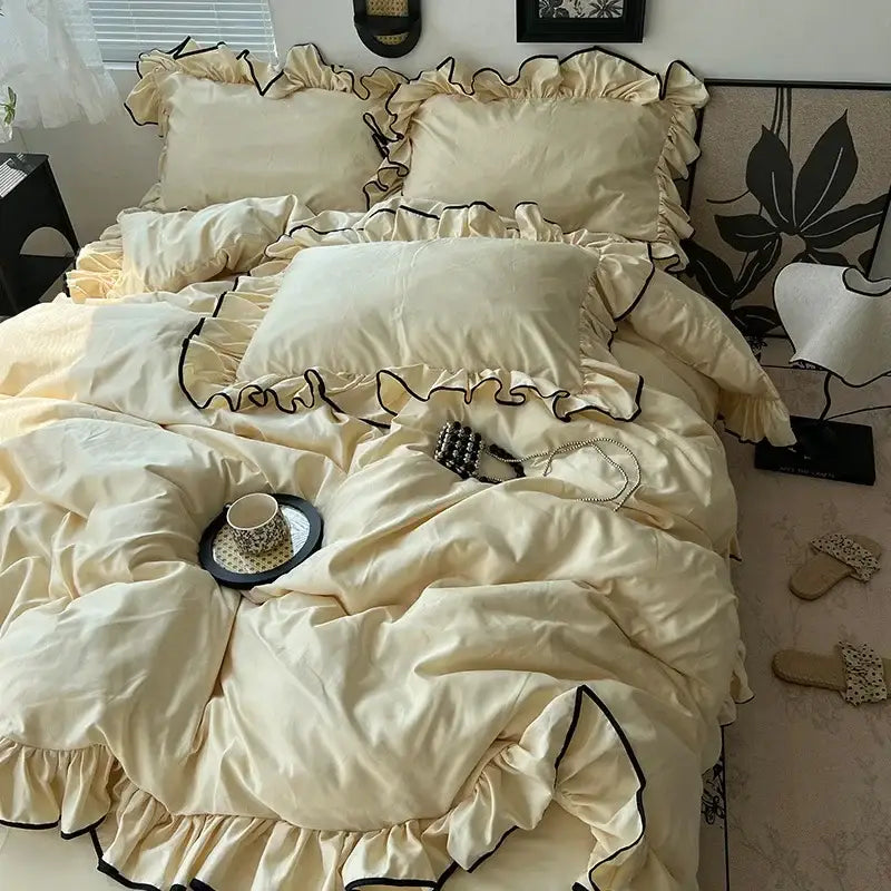 Cream-colored satin bedding set with black ruffled trim from decorbites cooling silky ruffled bedroom decor collection