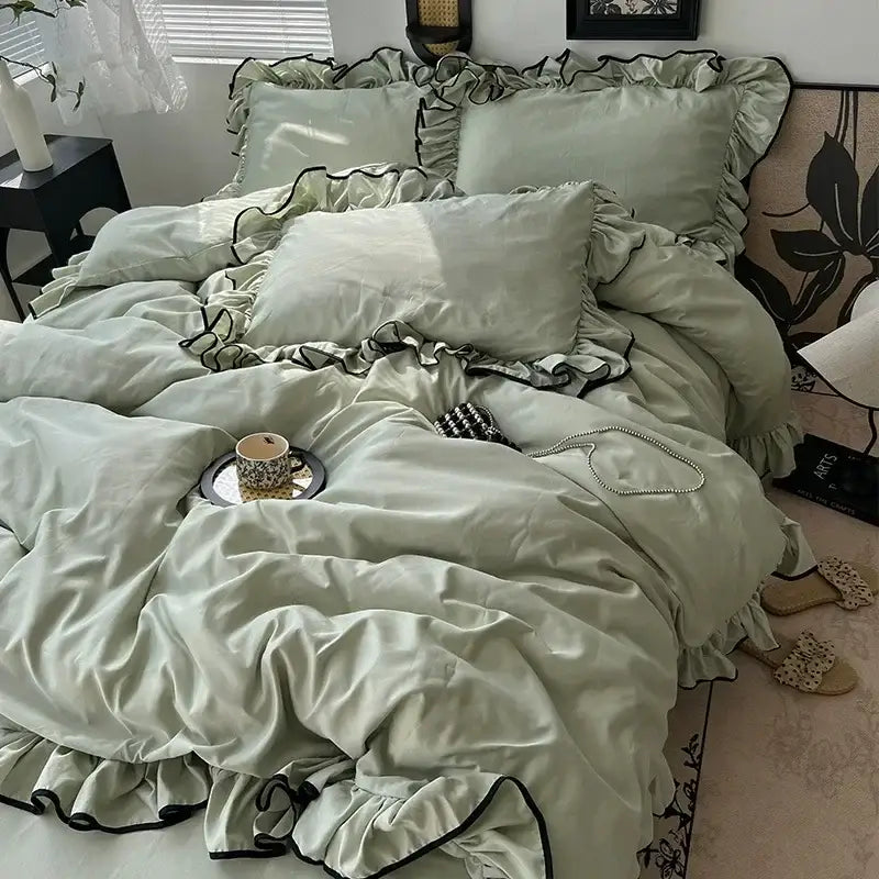 Mint green satin cooling silky ruffled bedding set with black trim for elegant bedroom decorbites cooling silky style