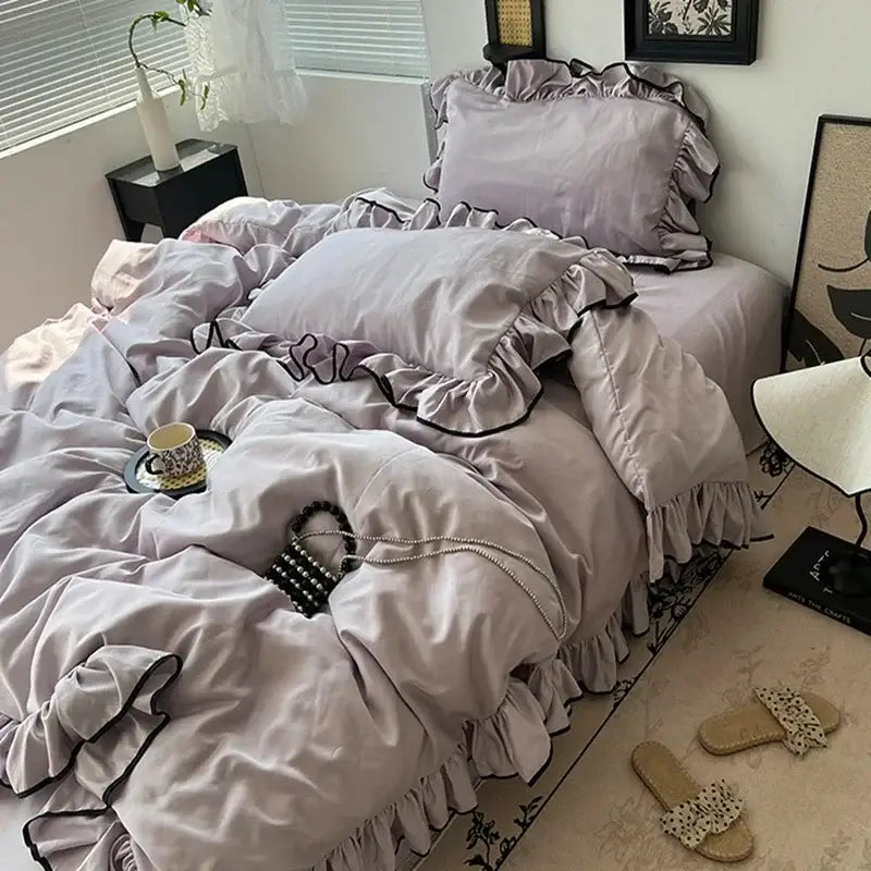 Lavender velvet bedding set with black ruffled trim cooling silky ruffled decorbites cooling silky bedroom decor
