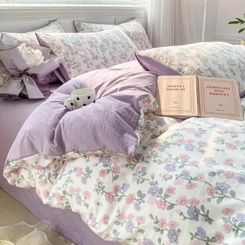 Lavender and pink floral cotton bedding set with soft fabric featuring decorbites cozy pattern printed design