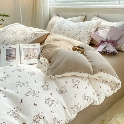 White cotton duvet cover with cozy pattern printed teddy bears and bows in soft brown tones for bedding set decorbites