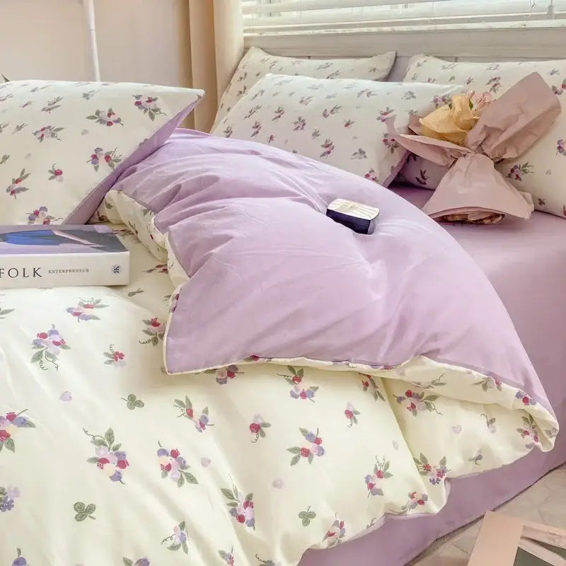 Lavender and pink floral double layer yarn bed sheet set with soft cotton fabric and matching pillowcases shown from back side
