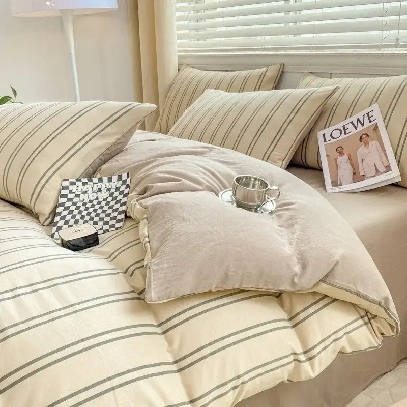 Beige and gray striped duvet set with soft plush texture complementing the lavender and pink floral double layer yarn bed sheet set