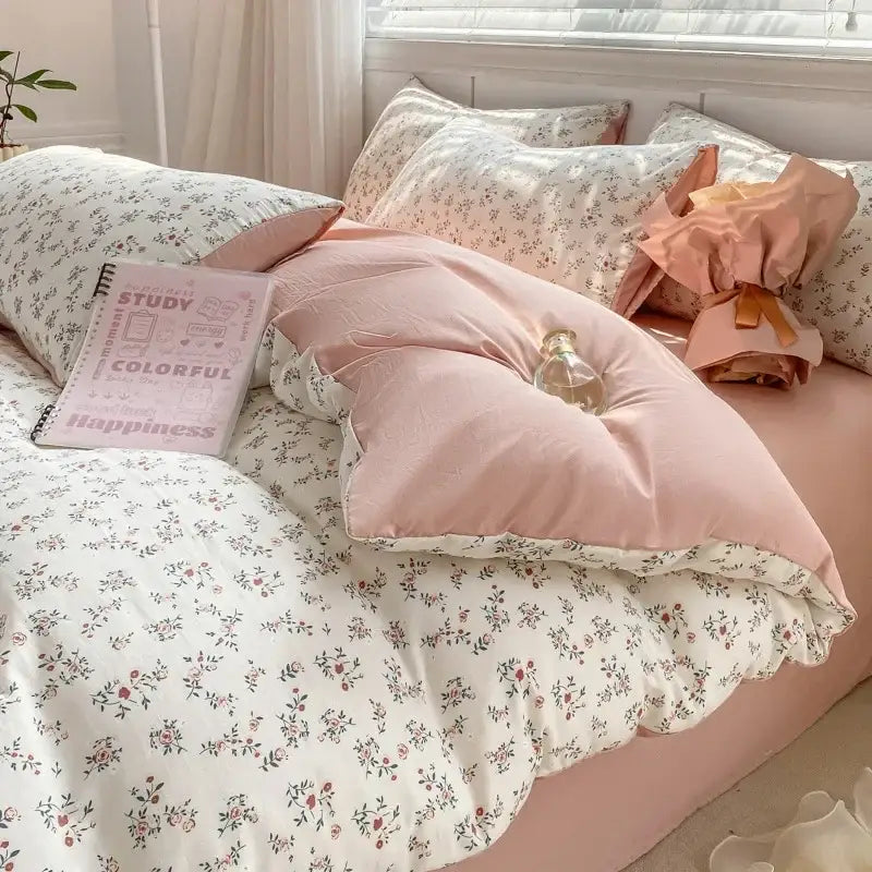 Lavender and pink floral double layer yarn bed sheet set with quilted cozy duvet and delicate botanical prints