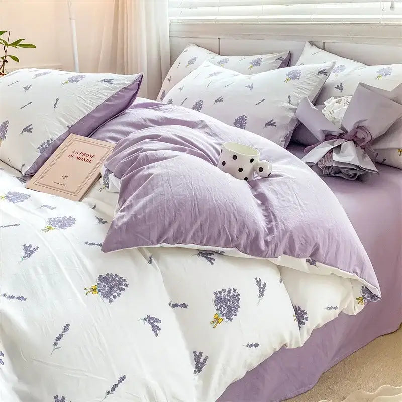 Lavender and white floral bed sheet set with double layer yarn fabric featuring a soft, plush, layer yarn cozy texture