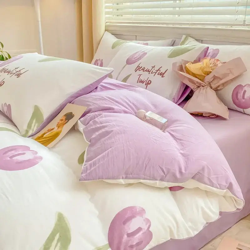 Lavender and white tulip patterned bed sheet double layer yarn with soft quilted texture for cozy bedroom use