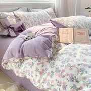 Lavender and pink floral double layer yarn bed sheet set made of soft cotton fabric for a cozy bedroom setup