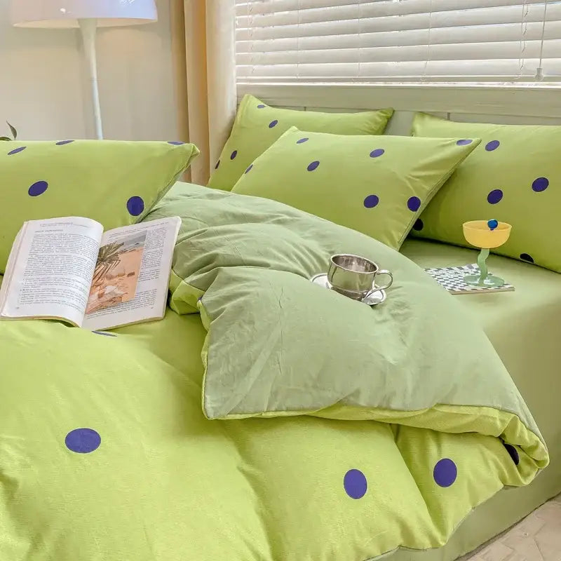 Lime green polka-dot duvet set with navy dots paired with lavender and pink floral double layer yarn bed sheet cozy design
