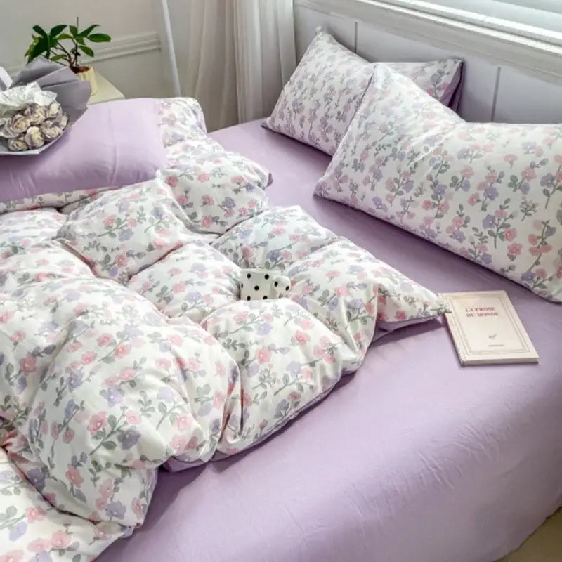 Lavender and pink floral double layer yarn bed sheet set with soft cozy bedspread and delicate blossom duvet in bedroom