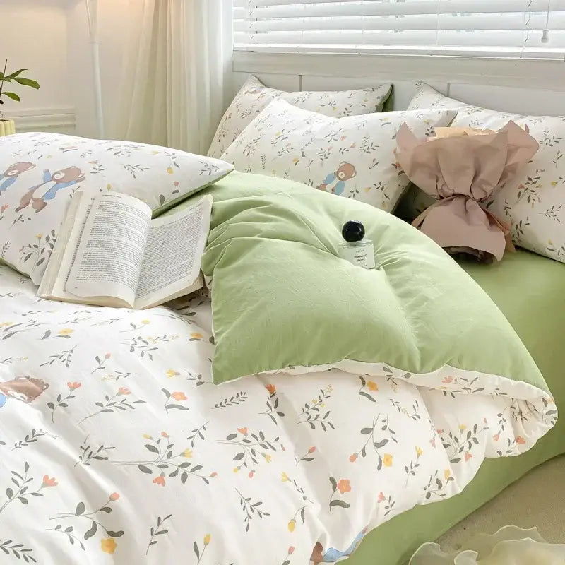 Soft mint green velvet duvet cover set with floral and bear illustrations for cozy double layer yarn bed sheet use