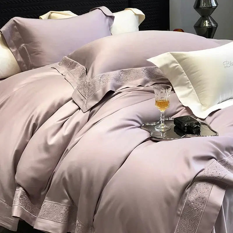 Lavender and silver bedding set with delicate lace trim in decorbites 1200tc luxury embroidery fabric