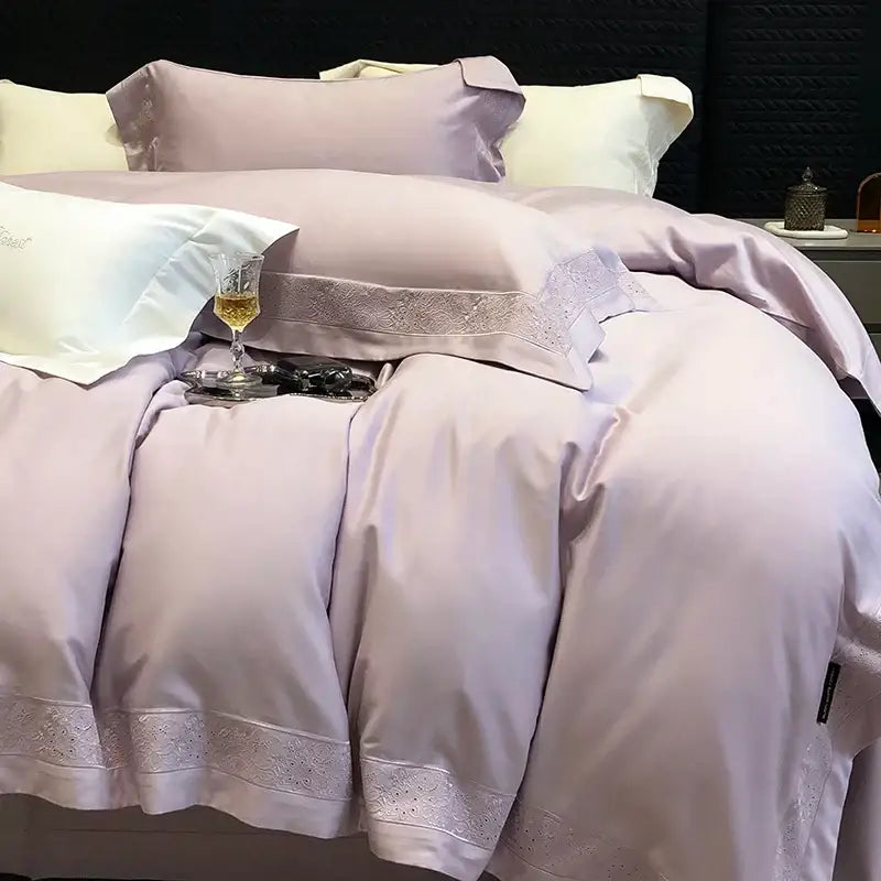 Lavender satin bedding set with delicate lace trim and subtle embroidery from decorbites 1200tc luxury embroidery collection