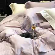 Lavender satin bedding set with delicate silver lace trim from decorbites 1200tc luxury embroidery collection