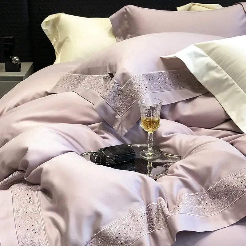 Lavender satin bedding set with delicate silver lace trim from decorbites 1200tc luxury embroidery collection
