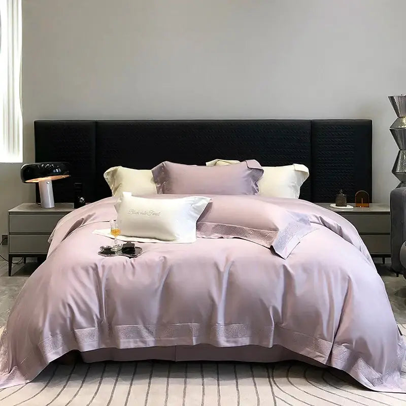 Lavender satin bedding set with delicate lace trim and matching pillows from decorbites 1200tc luxury embroidery range