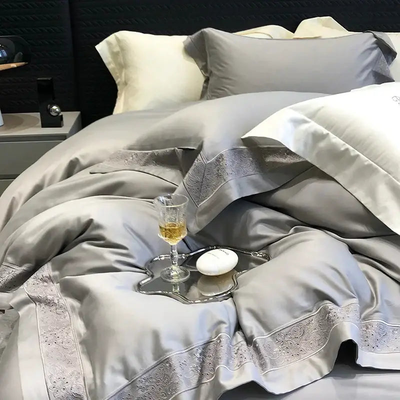 Luxury gray satin bedding set with silver lace trim and matching pillowcases from decorbites 1200tc luxury embroidery collection