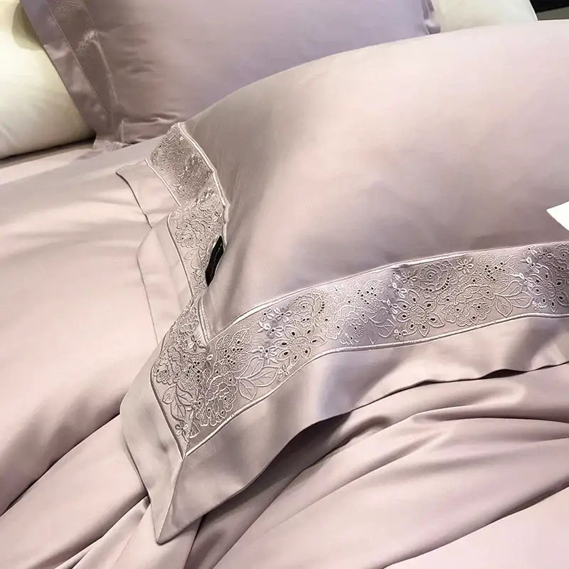 Lavender and silver silk pillowcase with delicate silver lace trim from decorbites 1200tc luxury embroidery bedding set