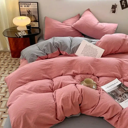 Pink and gray duvet set with soft textured fabric finish in lavender and black cotton bedding set for bedroom use