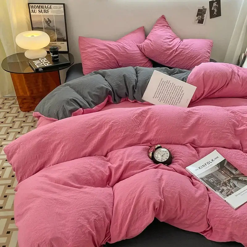Pink and gray duvet set with textured soft fabric finish in a lavender and black cotton bedding set for bedroom use