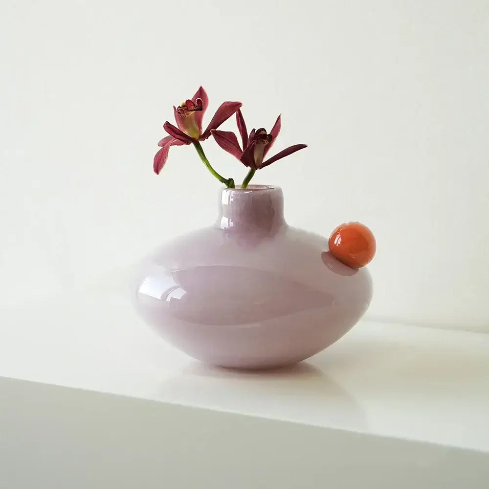 Lavender matte ceramic vase with orange accent paired with decorbites geometric glass vase for living room decorbites geometric