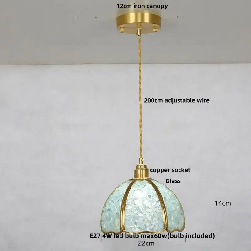 Lavender crystal glass led pendant light with light blue decorbites crystal glass shade brass finish for kitchen decor