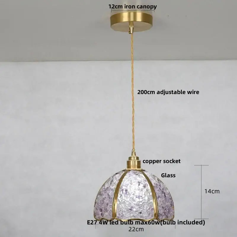 Lavender crystal glass led pendant light with delicate translucent glass, brass iron canopy, and copper socket by decorbites