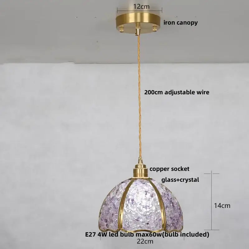 Lavender crystal glass led pendant light with brass finish canopy copper socket and adjustable wire by decorbites crystal glass