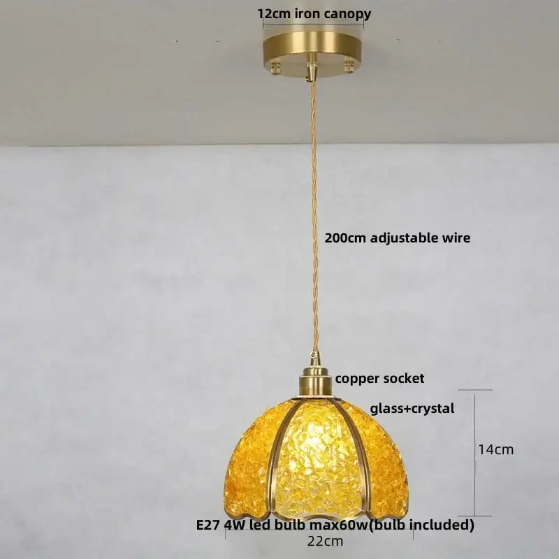 Lavender crystal glass led pendant light with golden brass finish and textured amber glass shade for decorbites pendant light