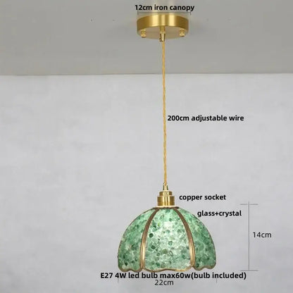 Lavender crystal glass led pendant light with green decorbites crystal glass, brass finish canopy, and copper socket