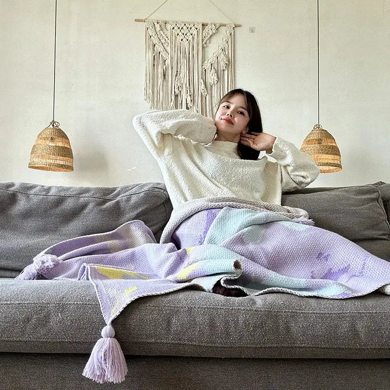 Lavender floral cozy knit blanket featuring a pastel tie-dye pattern with tassels by decorbites cozy knit