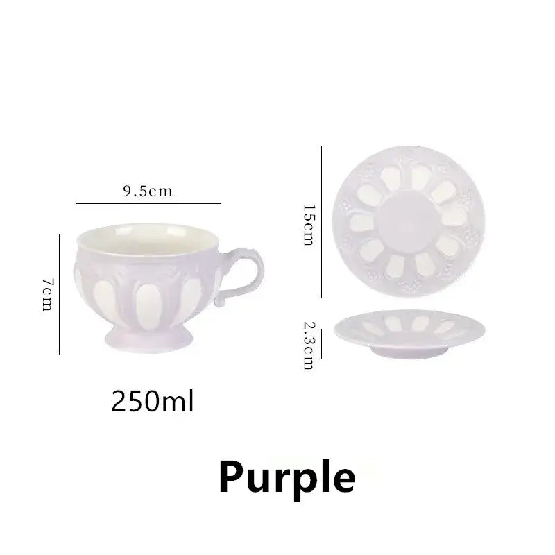 Purple ceramic teacup with floral relief and matching saucer in elegant porcelain tea set by decorbites