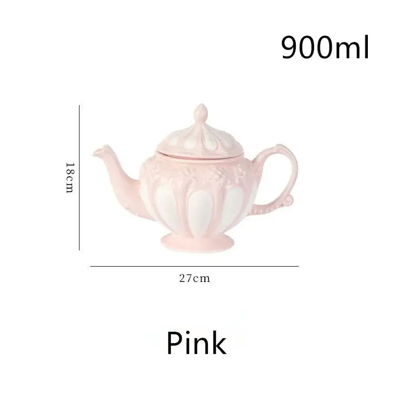 A delicate pink fluted floral-patterned ceramic teapot in a decorbites elegant porcelain tea set
