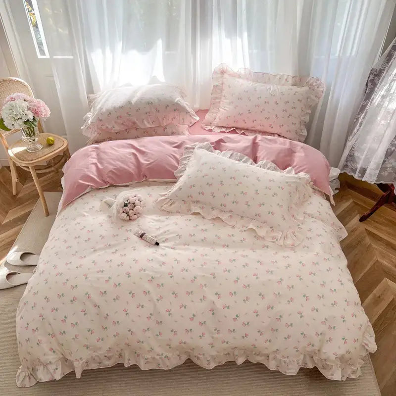 Pink and cream floral bedding set with ruffled edges featuring decorbites gardenia print princess design