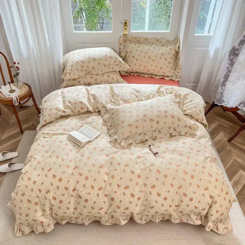 Cream-colored bedding set with delicate ruffled edges and soft cotton texture featuring decorbites gardenia print princess design