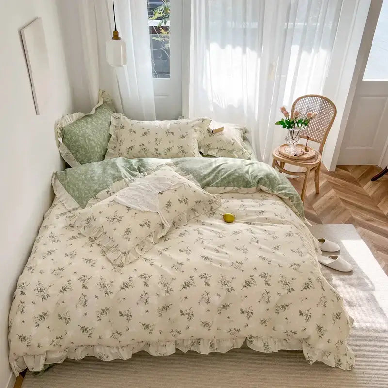 A soft cream-colored bedding set with ruffled edges and delicate green floral decorbites gardenia print princess design
