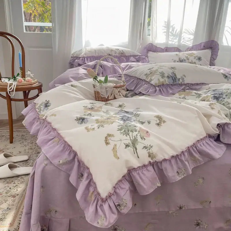 Lavender floral ruffled bedding set with decorbites gardenia print princess featuring delicate botanical prints and soft fabric