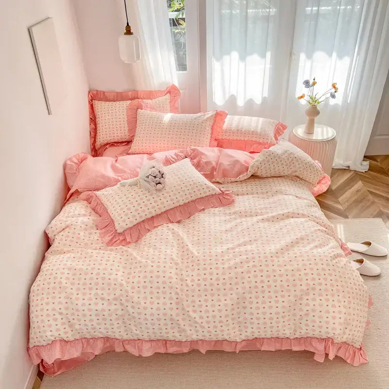Pink polka dot bedding set with ruffled edges featuring decorbites gardenia print princess design for bedroom use