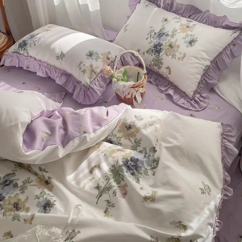 Lavender floral ruffled bedding set with decorbites gardenia print princess design in white and lavender colors