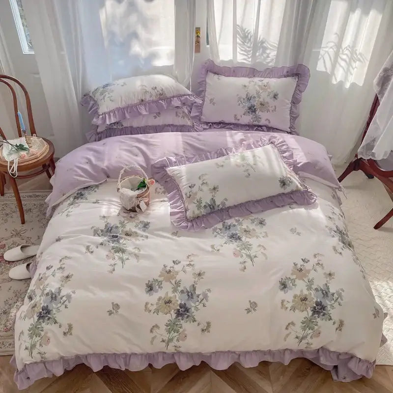 Lavender floral ruffled bedding set with soft pastel hues and delicate embroidery featuring decorbites gardenia print princess design