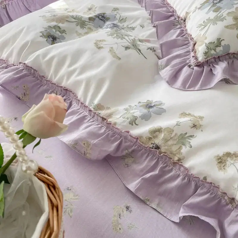 Lavender floral ruffled bedding set with soft pastel blooms and delicate frayed edges decorbites gardenia print princess