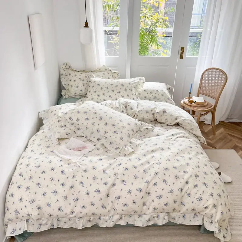 Cream-colored bedding set with soft ruffled edges and delicate blue floral decorbites gardenia print princess design