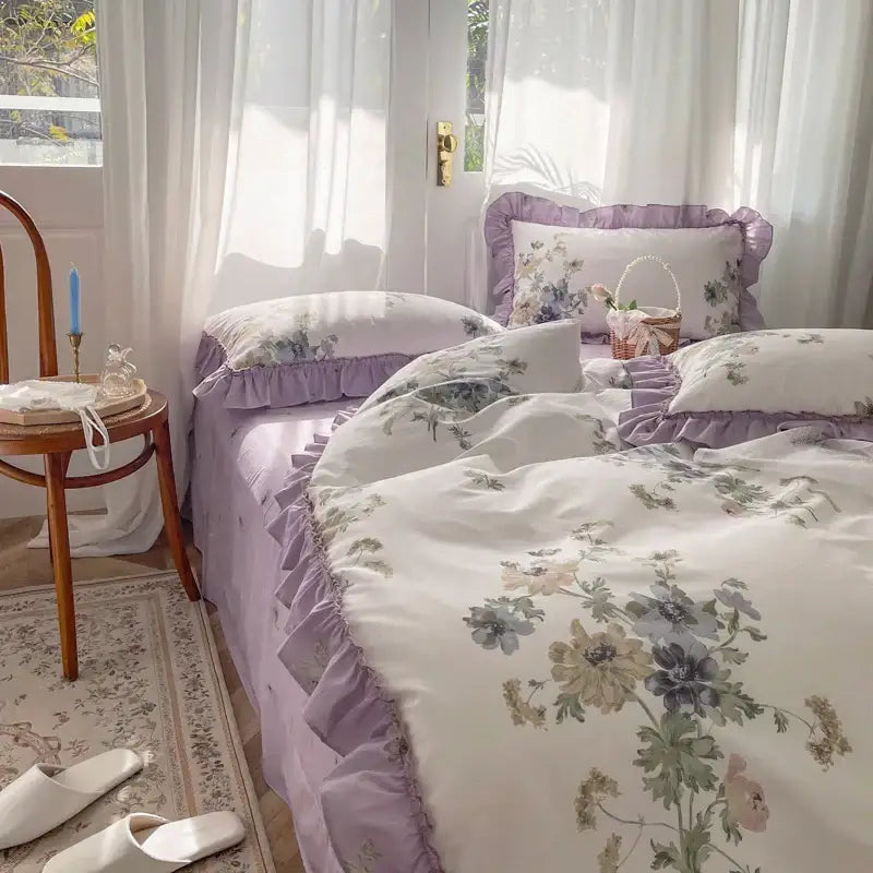 Lavender floral ruffled bedding set with soft white and muted pastel blooms featuring decorbites gardenia print princess design