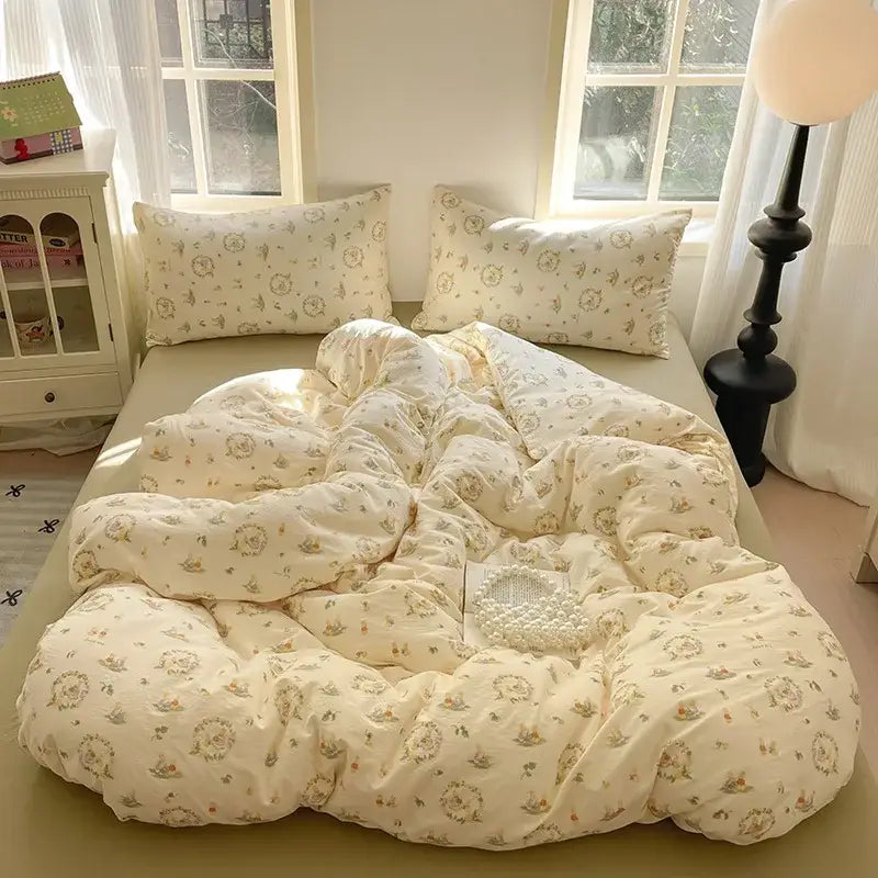 Cream-colored cotton bedding set with plush floral textured quilt in beige and green tones for bedroom use