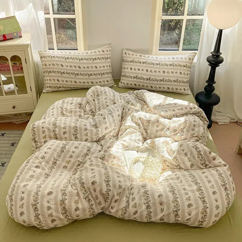 Cream-colored quilt with muted green floral and striped pattern in soft cotton fabric for a cotton bedding set