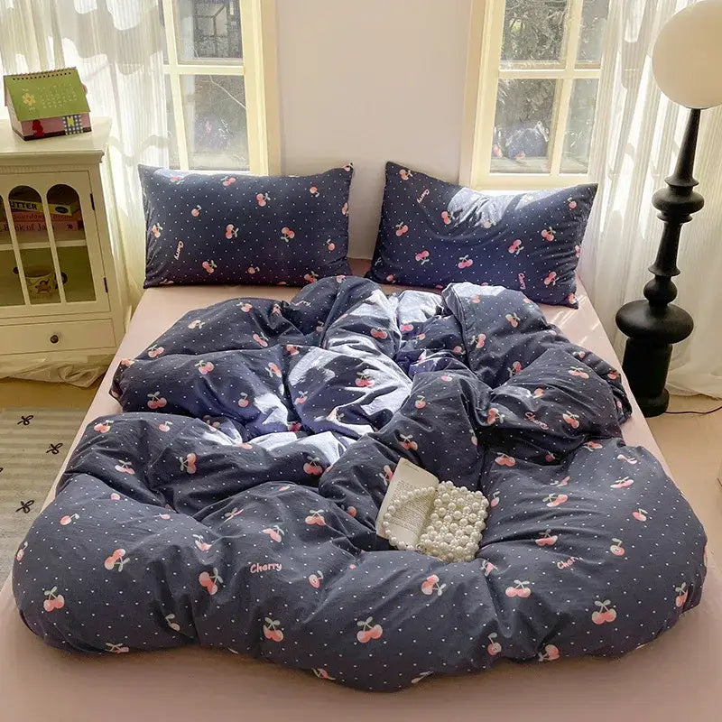 Navy blue cherry-patterned cotton bedding set with white polka dots and embroidered cherry for bedroom quilt use