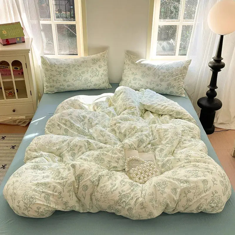 Soft cream-colored cotton bedding set with delicate green floral embroidery on light blue bedspread for bedroom use