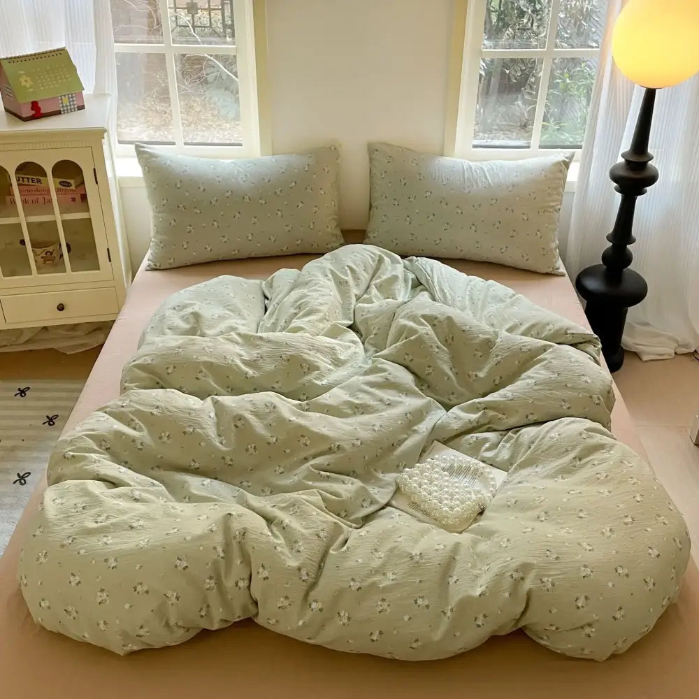 Soft mint green floral-patterned cotton bedding set with textured crinkled fabric finish for bedroom quilt use